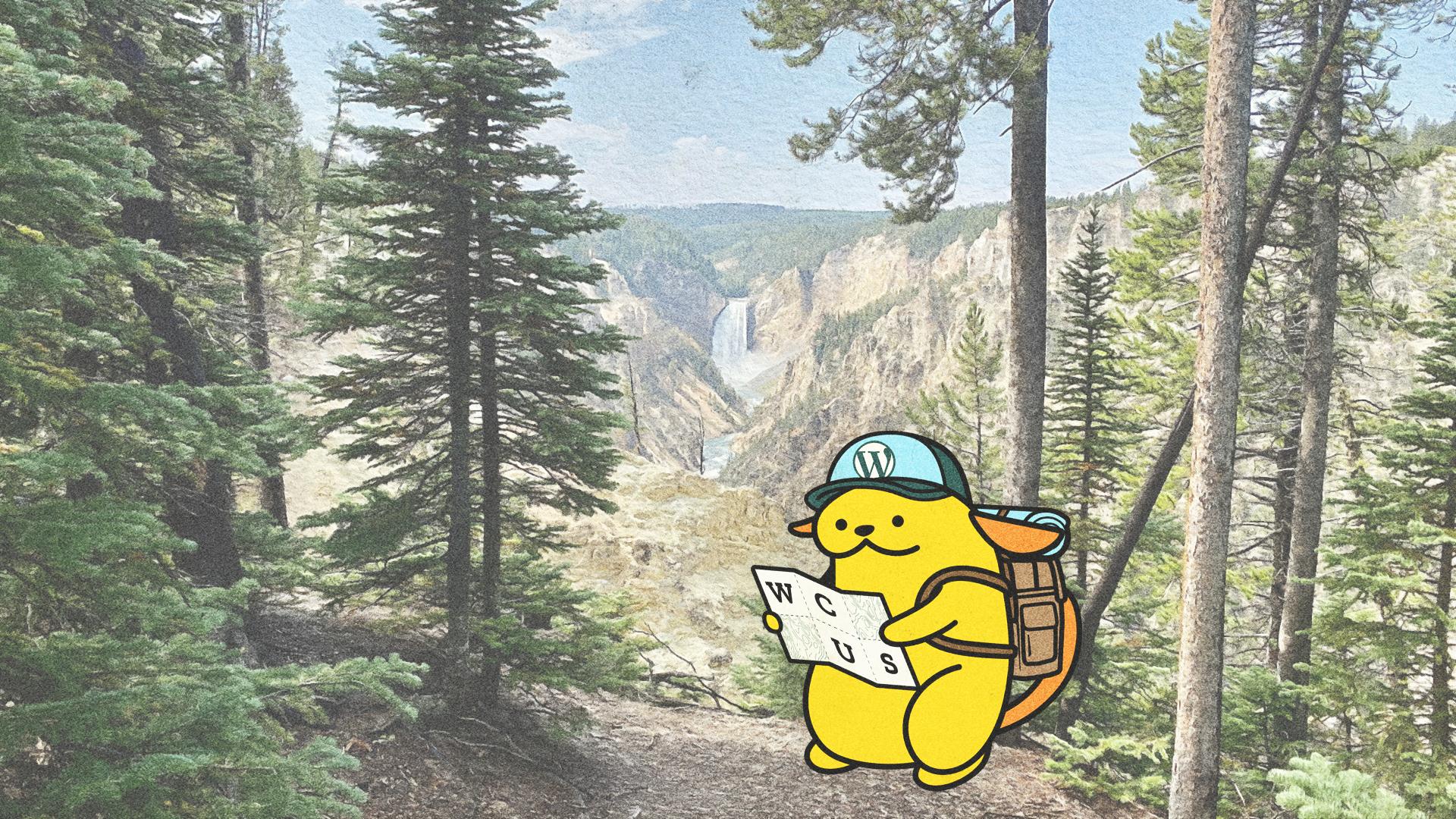 WCUS 2021 wapuu reads a map out in the woods
