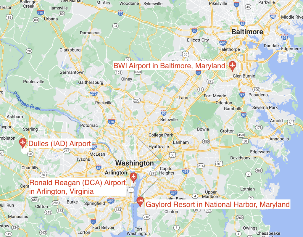 This is a map of the Washington, DC area, with pins indicating the Gaylord Resort in national Harbor, Maryland, and the three airports in the area.