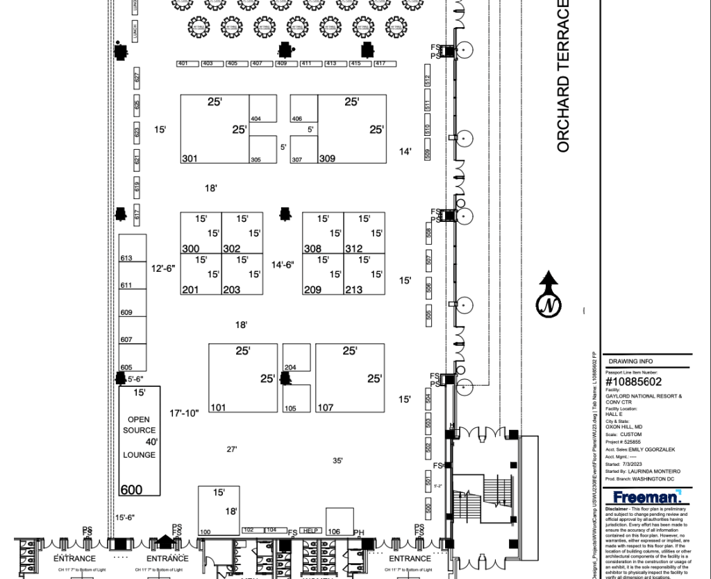 The floorplan for the sponsor area, showing where each numbered sponsor table or booth is. For specific details on this map, please reach out to us@wordcamp.org.