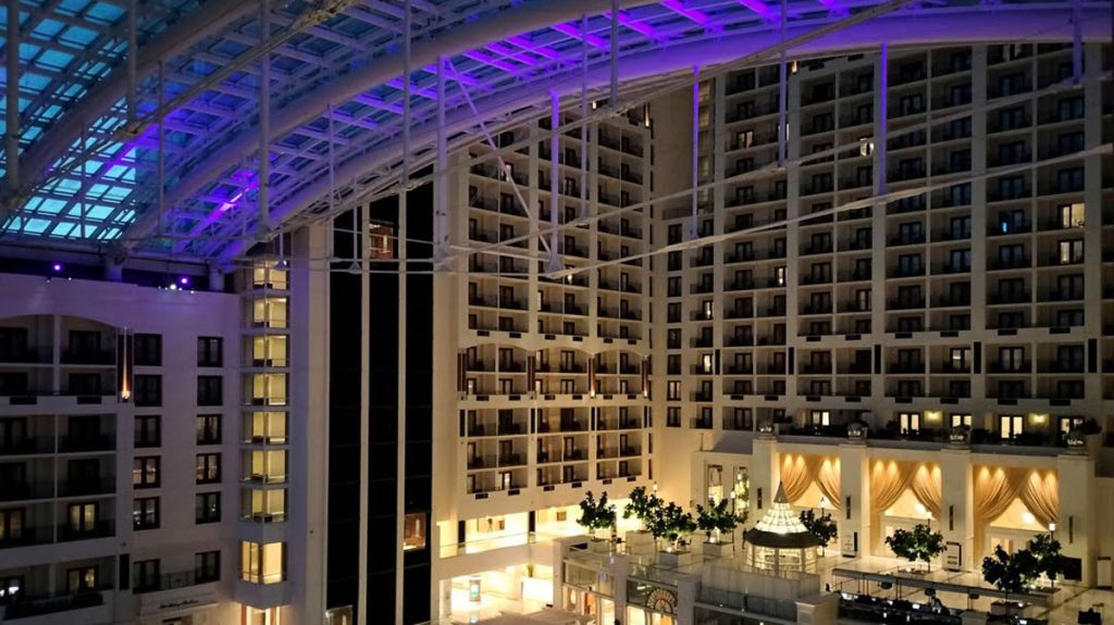 Night view of Atrium at the Gaylord National Resort & Convention Center.