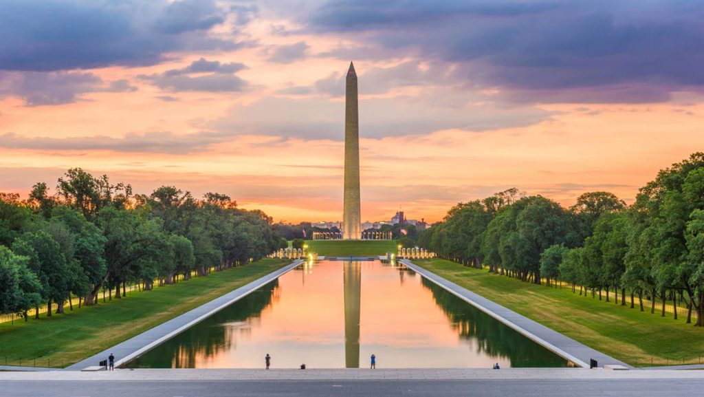 Washington Monument reflecting in water at sunset. Photo courtesy of the Gaylord National Resort & Convention Center.
