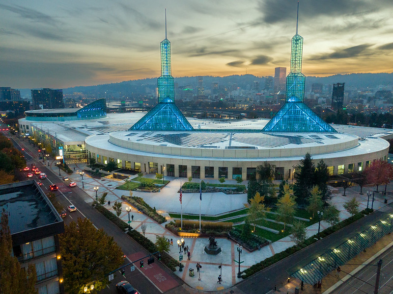 Exterior of the Orgeon Convention Center, location of WCUS 2024, taken in the daytime by a drone