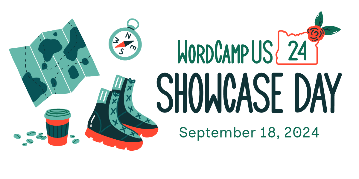 "WordCamp US '24 Showcase Day" with drawing of map, coffee cup, boots, and compass.