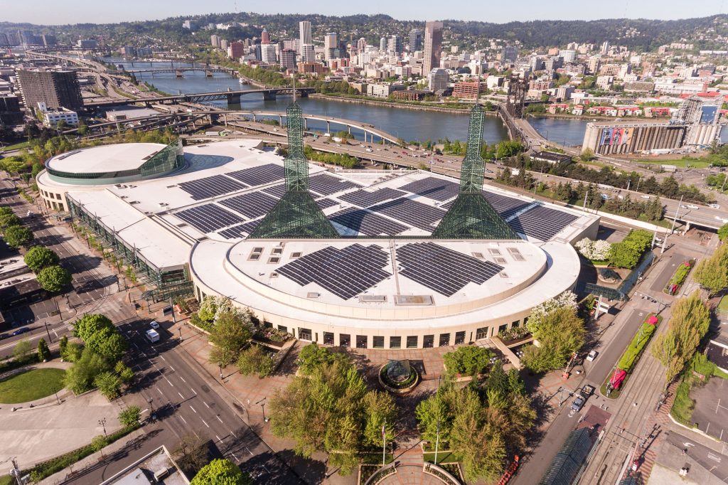 A sweeping overhead view of the exterior of the Oregon Convention Center
