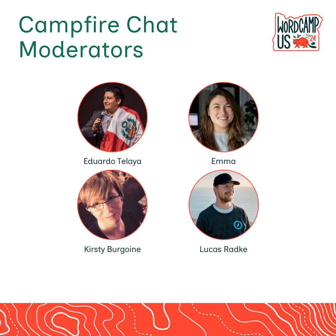 Headshots of four Campfire Chat moderators sit below a WordCamp US 2024 logo. The speakers listed are: Eduardo Telaya, Emma, Kirsty Burgoine, and Luca Radke