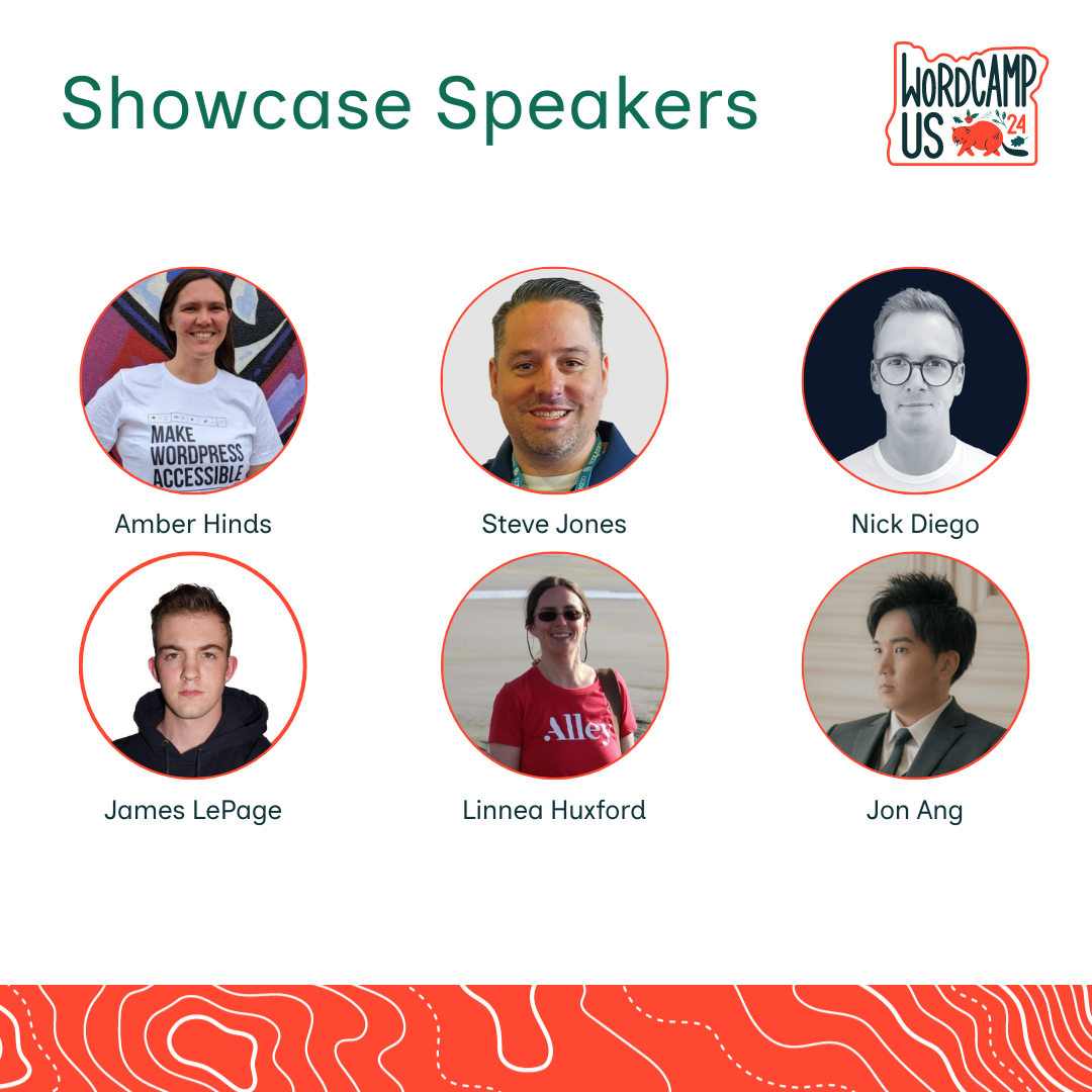 Headshots of six Showcase Day speakers sit below a WordCamp US 2024 logo. The speakers listed are: Amber Hinds, Steve Jones, Nick Diego, James LePage, Linnea Huxford, and Jon Ang.
