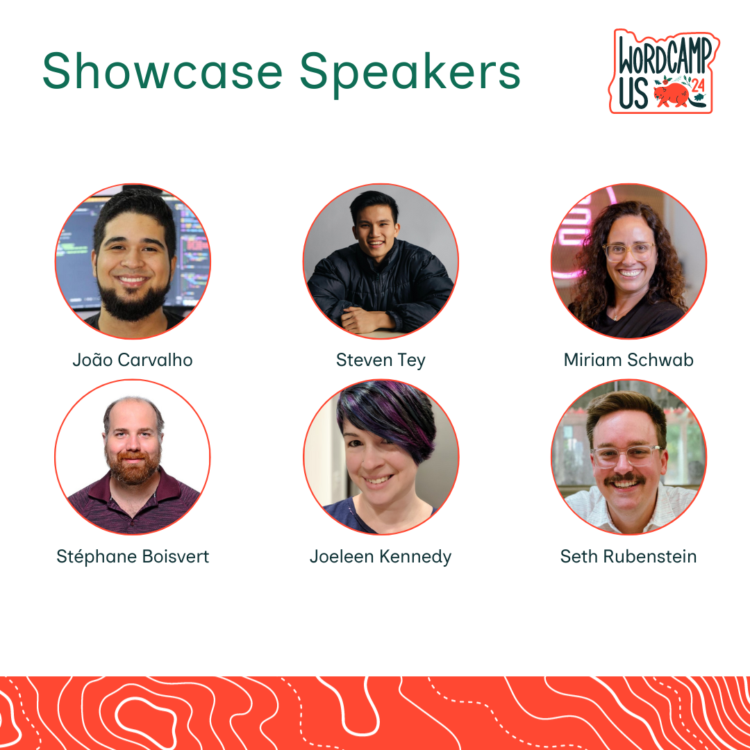 Headshots of six Showcase Day speakers sit below a WordCamp US 2024 logo. The speakers listed are: João Carvalho, Stéphane Boisvert, Steven Tey, Joeleen Kennedy, Miriam Schwab, and Seth Rubenstein