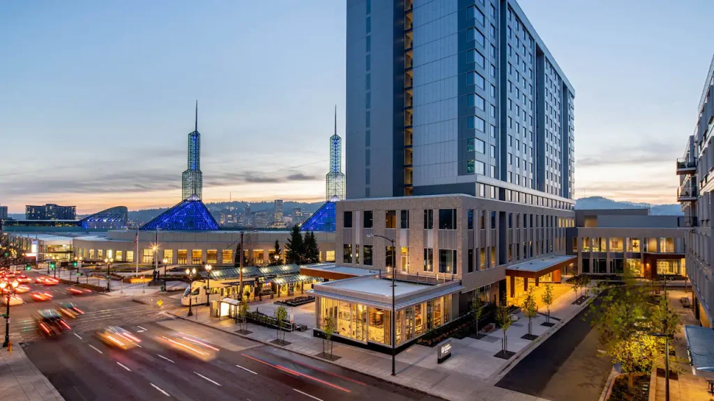The Hyatt Regency Portland, a tall building right across the street from the convention center.